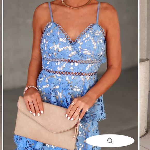 Vici Crochet Floral Tiered Midi Dress - Dusty Blue - Picture 2 of 5